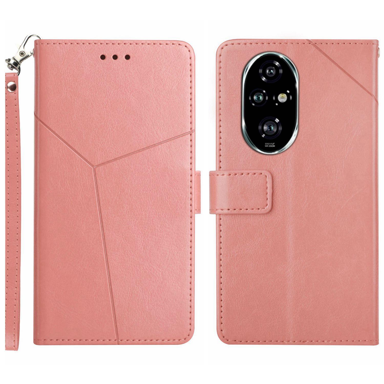 

For Honor 200 5G Case with Wrist Strap Y Shaped Lines Imprint Leather Phone Cover Pink