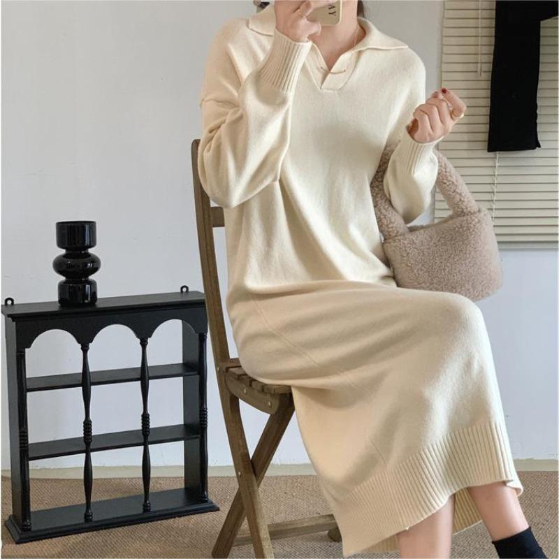

High-end long-sleeved white knitted dress for children s autumn and winter new models with small long skirts inside one size fits all