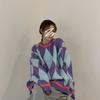 Autumn Winter Women's Korean Style Student Color Block Argyle Lazy Loose Sweater Versatile Knit Top