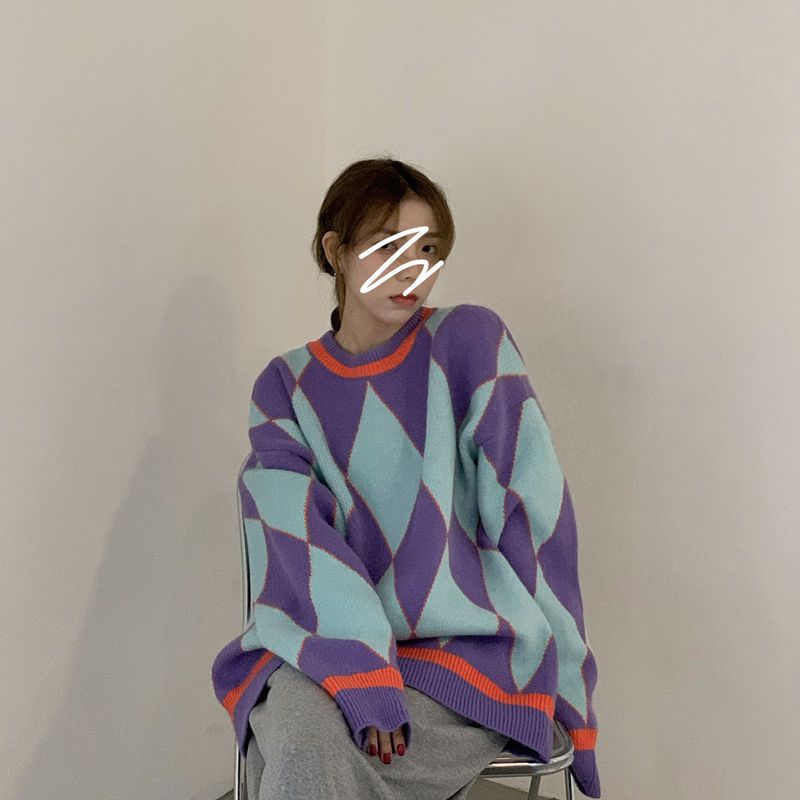 Autumn Winter Women's Korean Style Student Color Block Argyle Lazy Loose Sweater Versatile Knit Top