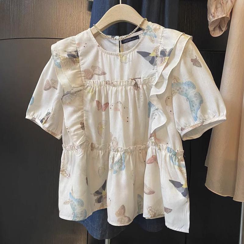 

ZANZEA Жіноча повсякденна літня блузка з коротким рукавом та принтом з круглим вирізом S бежевий