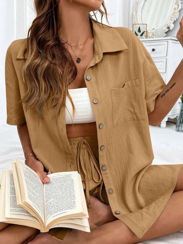 Women's Casual Solid Color Two-Piece Set: Short-Sleeved Shirt & Loose Shorts