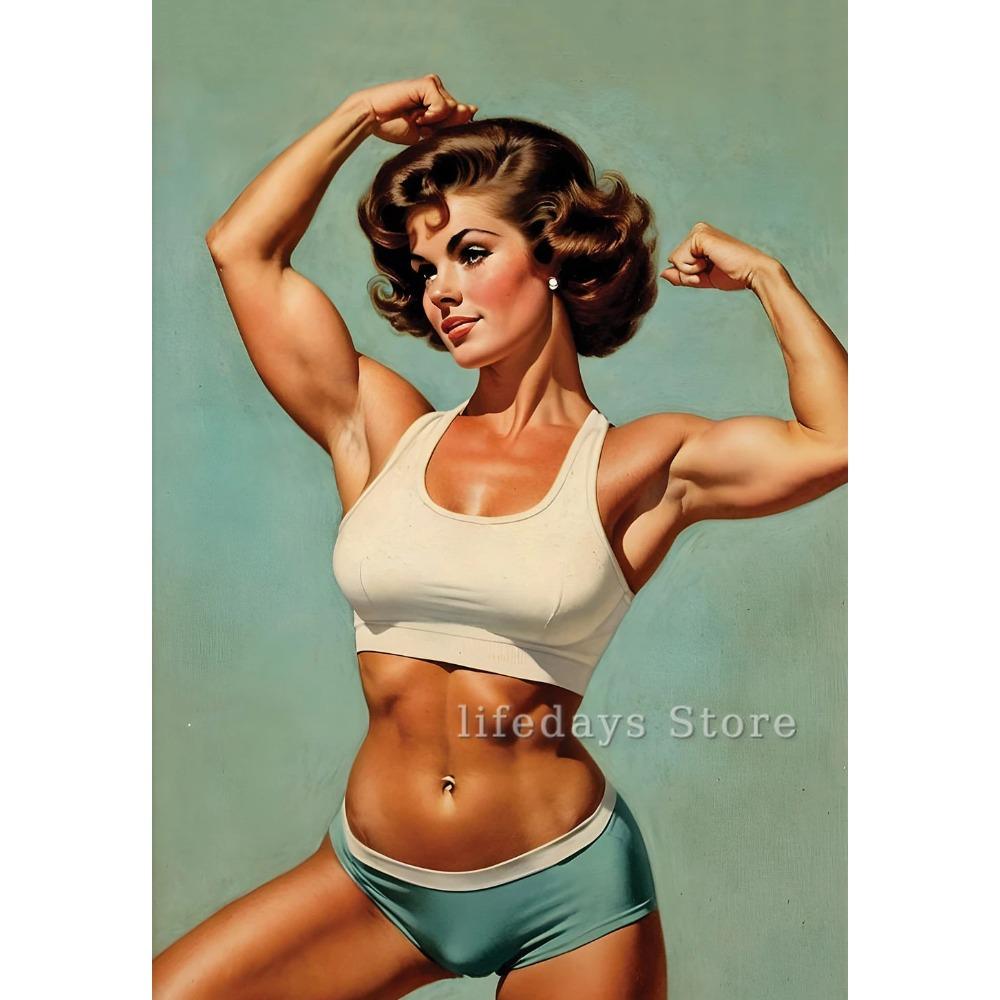 Poster and Print Canvas Painting Body Building Weightlifting Wall Art Picture for Gym Room Decor Retro Girl Exercise Fitness