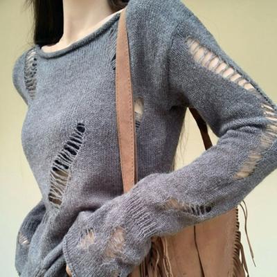 Kpop Grunge Hollow Out Gri Kazak Kadın Harajuku Katı Bölünmüş Sıkıntılı Örgü Jumper bahar uzun kollu elbise Üstleri Kazak