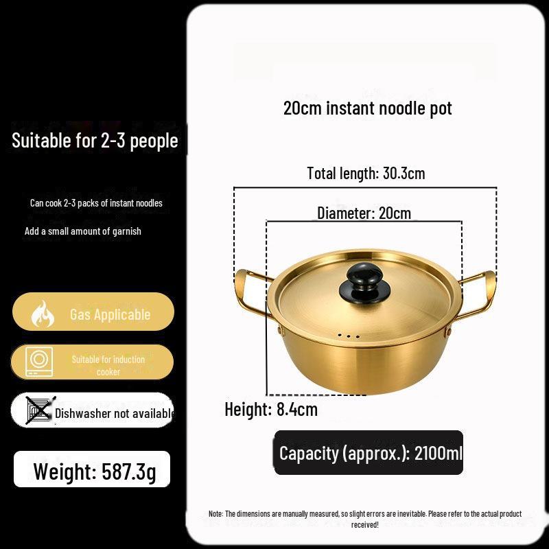 Zlatý korejský ramen hrnec z nerezové oceli s poklicí - dvojité uši, zesílené, ideální na nudle, polévku nebo malé horké hrnce.