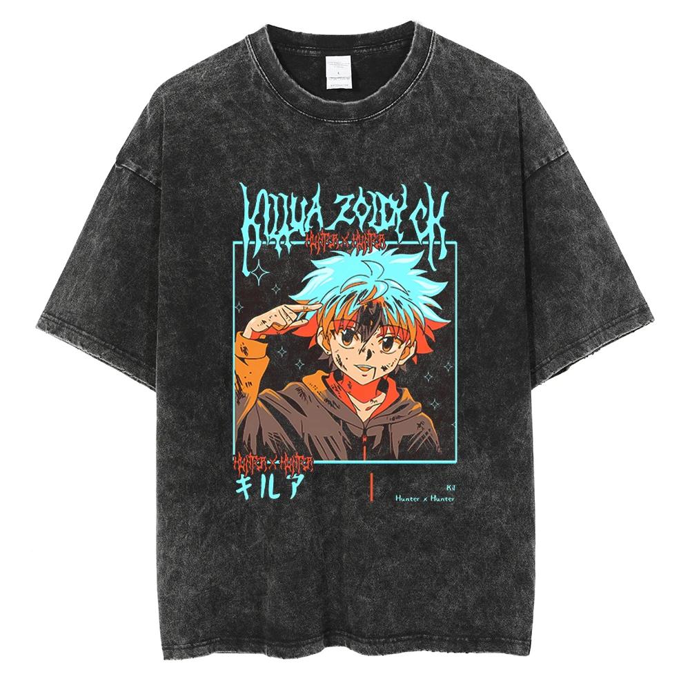 Baggy Fit HUNTER×HUNTER T Shirt Kurapika Manga Tshirt Men Women Hip Hop Washed Cotton T-shirt Clothing Short Sleeve Tees Japanese Streetwear