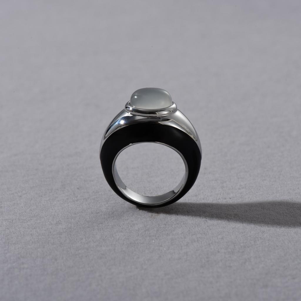 Premium Metal Copper Plated Platinum Color Matching Black Drop Glaze Inlaid White Chalcedony Ring Trendy Personality Unique Ring Women