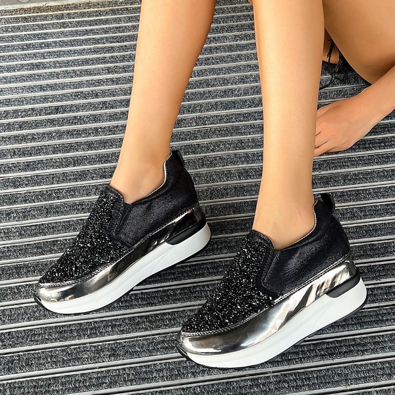 Fashion 2025 Brand Ladies Shoes Slip-on Women's Vulcanize Shoes Fashion Sequins Non-Slip Platform Plus Size Comfortable Casual Shoes