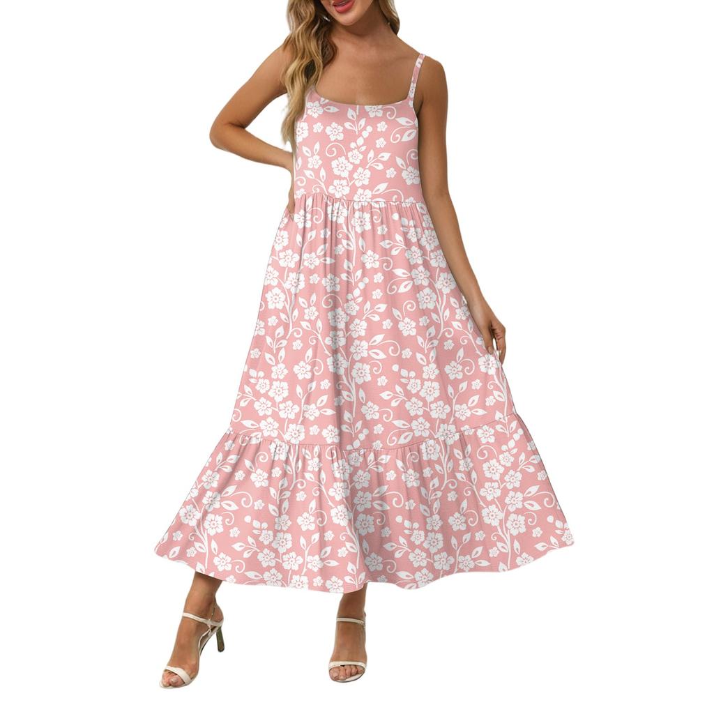 Damen Long Beach Casual Elegant Spaghettiträger Maxikleid Nähte Zurückhaltend Fließendes Bohemian Kleid