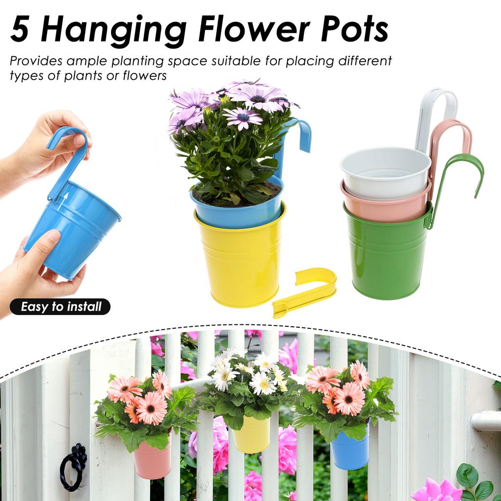 5Pcs Metal Hanging Flower Pots Hook Bucket Garden Planter Pots With Drainage Hole Balcony Garden Office Planter Home Decor