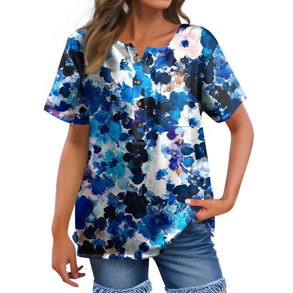 Women's Fashion Casual Short Sleeve Print Round Neck Pullover Top Blouse