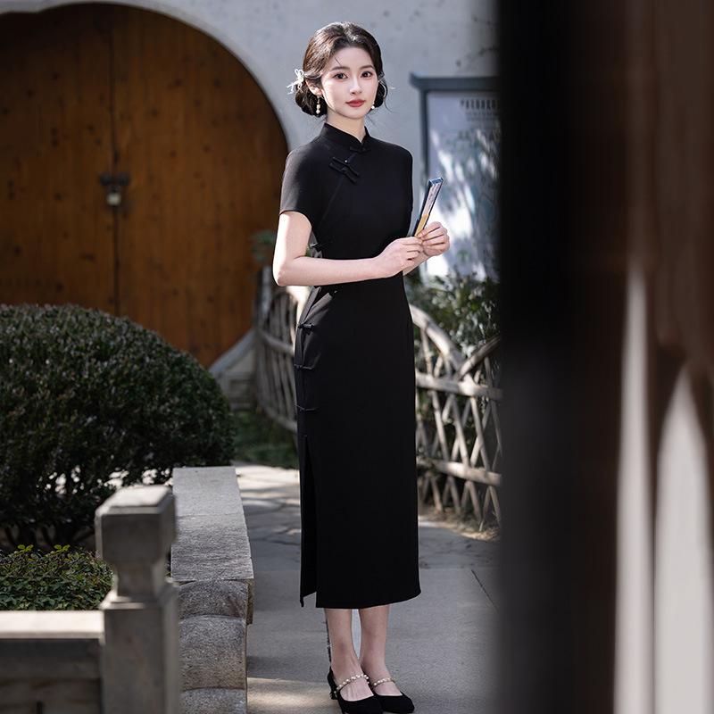 Black national style new Chinese Suzhou long cheongsam improved young 1011 new women's high-end short sleeves summer