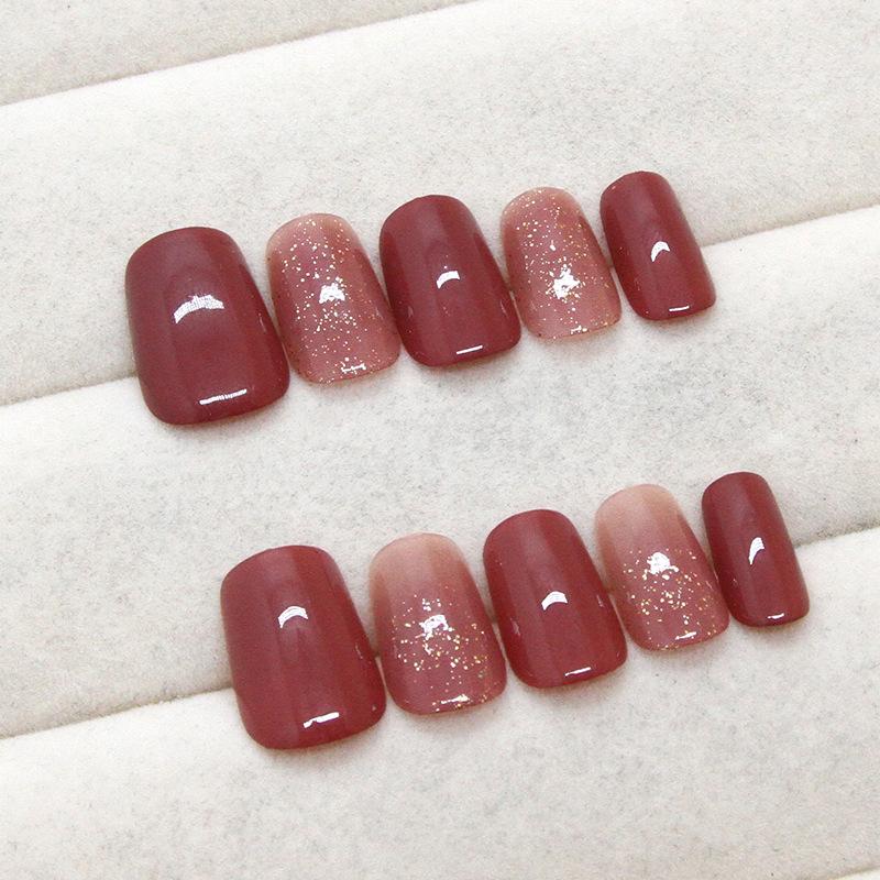 Gradual change fine flash wearing nail piece Cherry red nail piece Smudge fake nail simple detachable nail piece 24 pieces
