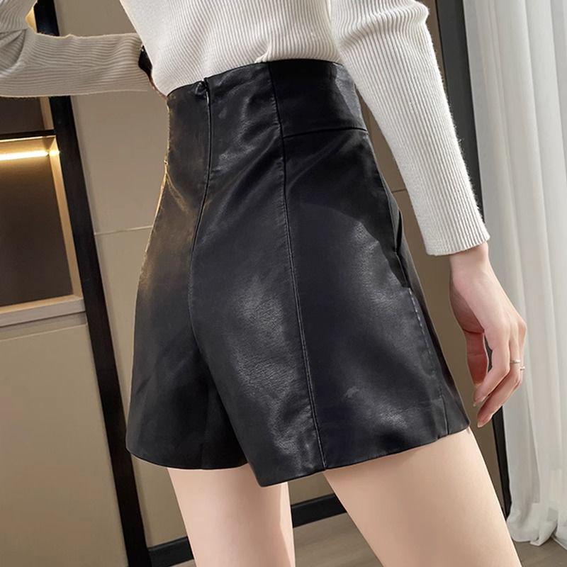 Women's 2025 High-Waisted Black PU Leather A-Line Bootcut Shorts - Slimming and Stylish for Spring, Autumn, and Winter.