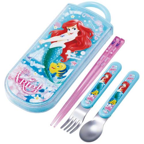 Skater Children's Cutlery Set, Lunch Box, Chopsticks, Spoon, Fork, Made In Japan, Sliding Cutlery, Name Stickers Included, Antibacterial, Disney Ariel