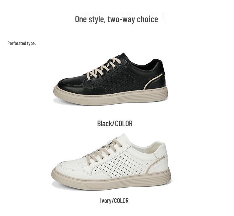 Spring 2024 Trendy Men's Breathable Leather Board Shoes - Comfortable, Hollow Design for Work and Casual Wear in White.
