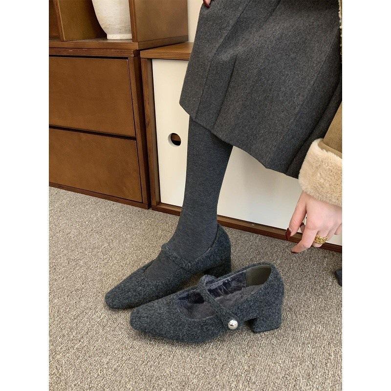 Square head gray thick heel single shoes women's winter velvet evening high heel Mary Jane fluffy shoes