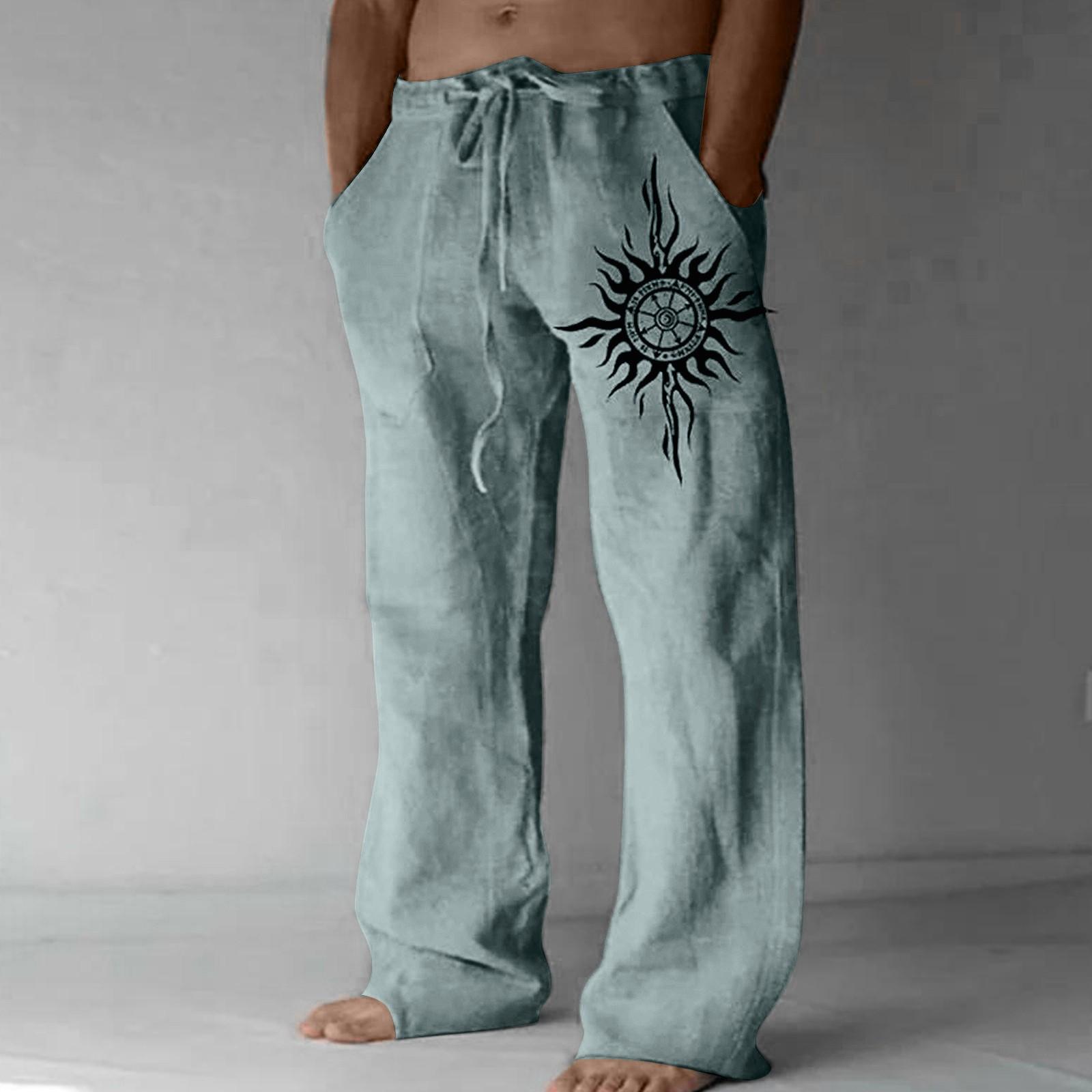 

Чоловічі вільні повсякденні однотонні бавовняні лляні штани з еластичною краваткою, прямі штани з принтом L хакі