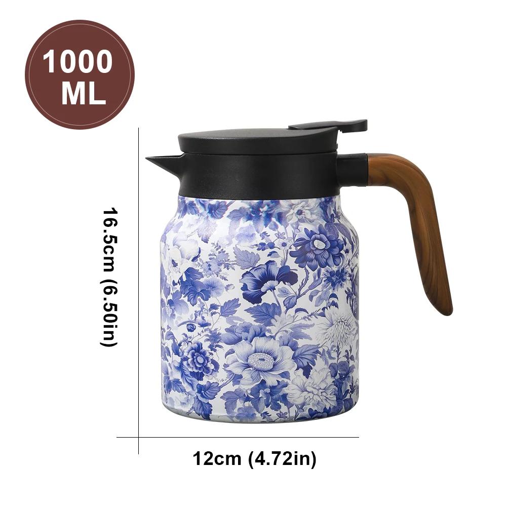1000ML Double-Layer Vacuum Insulation Tea Pot Floral Pattern Stainless Steel Teapot Built-in Infuser Water Kettle for Hot Drinks