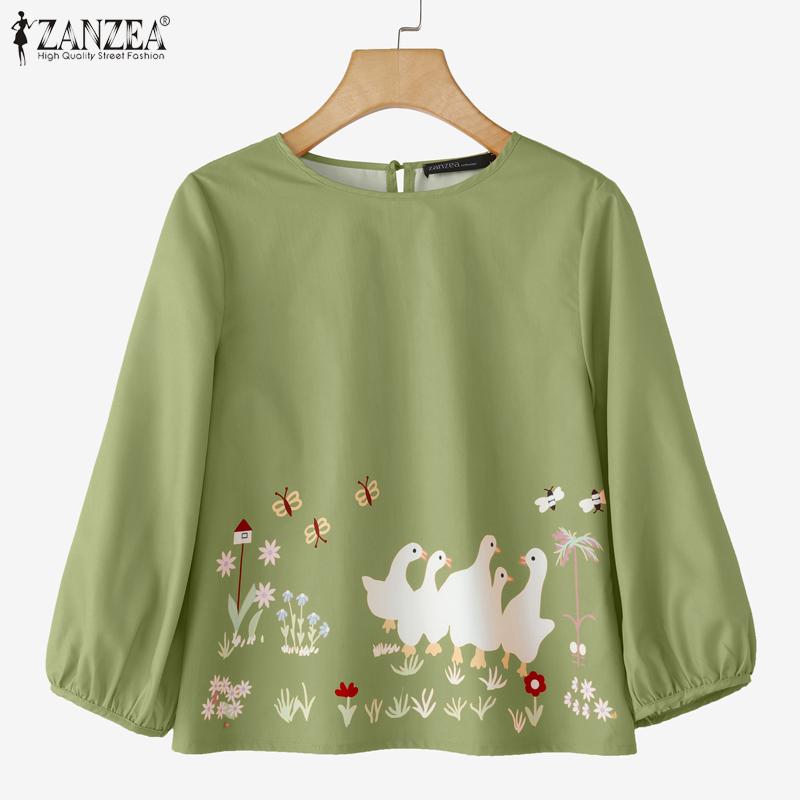 ZANZEA Women Casual Round Neck Loose 3/4 Sleeve Print Blouse