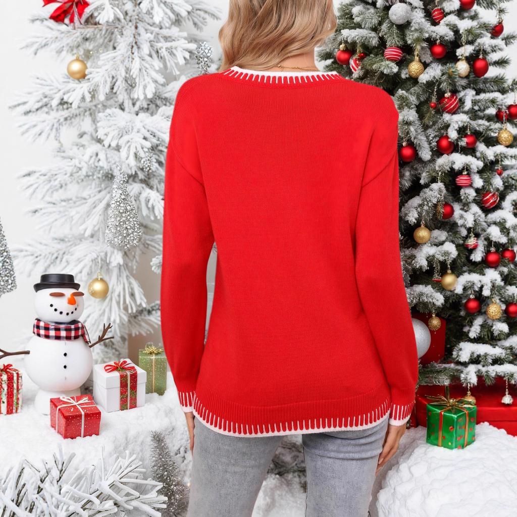 Europe, America Autumn And Winter New Women'S Sweater Christmas Letter Round Neck Pullover Knitted Sweater Top Women