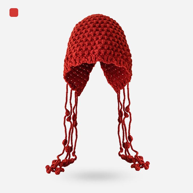 1 Stück Handgefertigte Häkelmütze aus buntem Garn für Damen Winter Gestrickte Beanie-Mütze mit Ohrenklappen, Quaste und Bommel