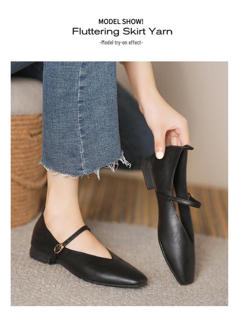 2023 Retro Low-Heeled Mary Jane Shoes: Square Toe, Soft Leather, Shallow-Mouth with Buckle Design for Women