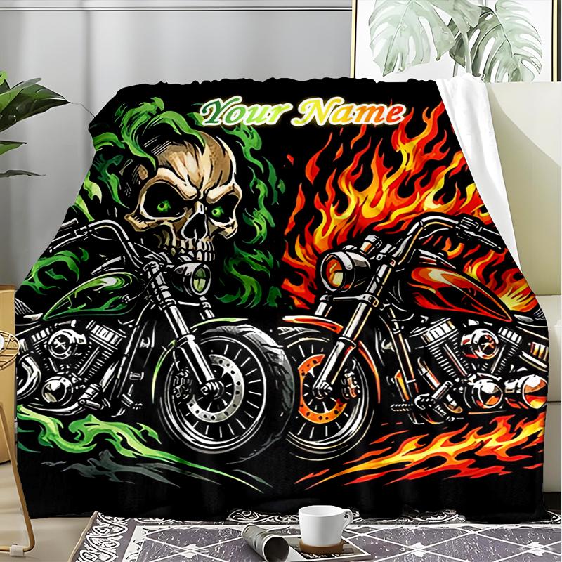 1PC Custom Name Skull Flames Motorcycle Art outdooor Flannel blankets Throw Blanket All-Season Throw Gift Bedspread for Couch, Bed, Camping Holiday Bi