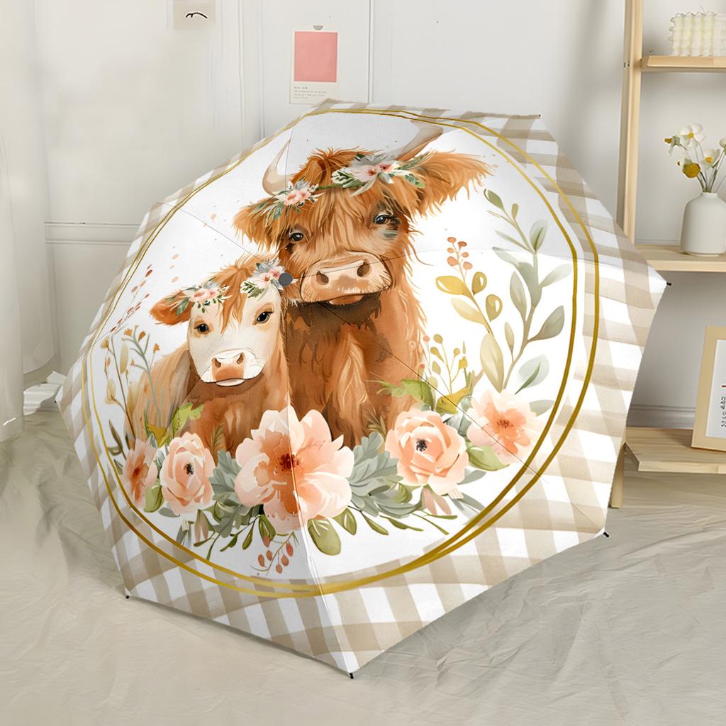 Retrato de Vaca Floral Paraguas Automático Plegable Portátil con 8 Varillas Plástico y Hierro Duraderos Uso en Todas las Estaciones Amantes de la Moda