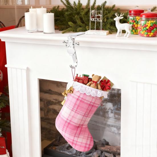 Mantel Christmas Stocking Hook Metal Stocking Holder on Fireplace Snowflake Reindeer Tree Santa Mantel Hook for Hanging Holiday Decorations Garlands