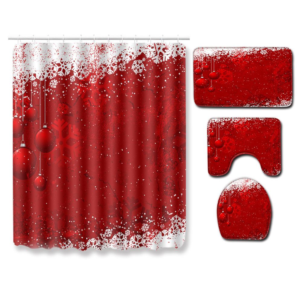 Christmas Shower Curtain Floor Mat Combination Four-Piece Bathroom Non-Slip Door Mat Foot Mat Bedroom Living Room Carpet