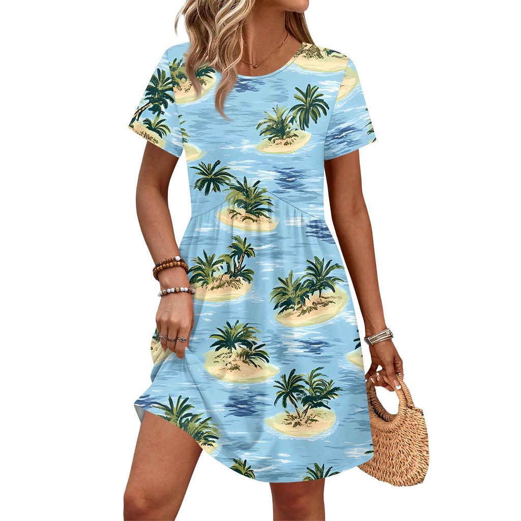 Dresses For Women Short Sleeve Print Round Neck Casual Dresses Waist Dress With Pockets
