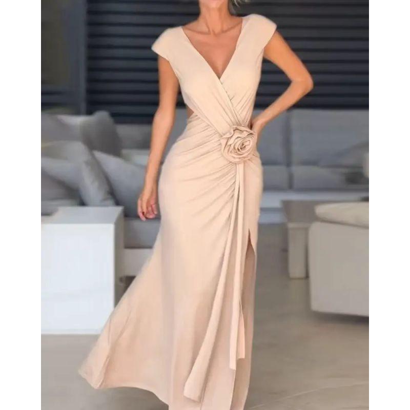 

European and American Women clothes Elegant V-neck Sleeve Split Hollow Waist Hugging Slim dress Evening dress Evening Dress Apricot color S