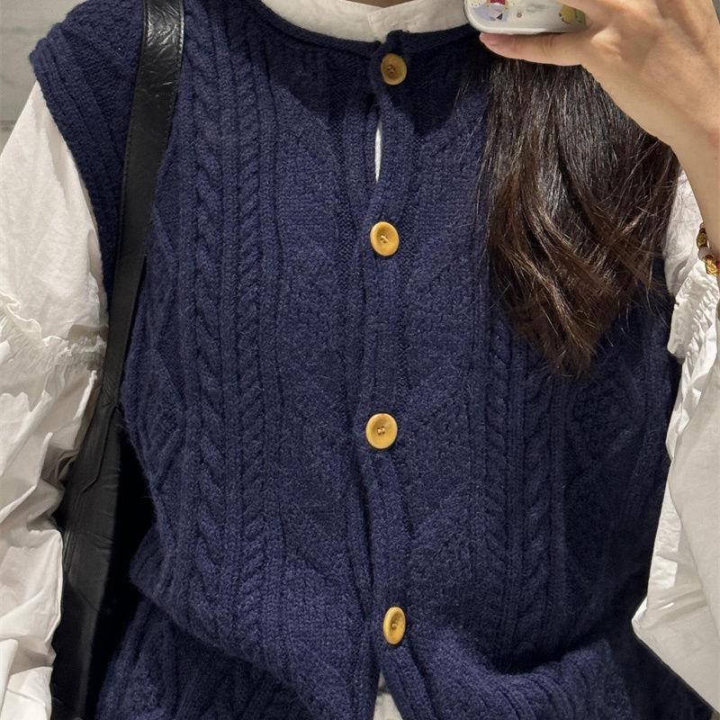 French Cable Knit Cardigan Vest & Early Autumn Long Sleeve Shirt Set for Women