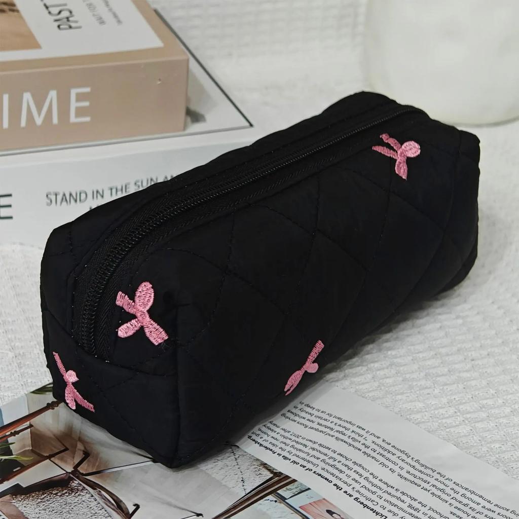 Black Portable Makeup Bag Large Capacity Pink Bow Quilting Cosmetic Pouch Handbag Ladies Travel Toiletry Storage Bag Women 2026