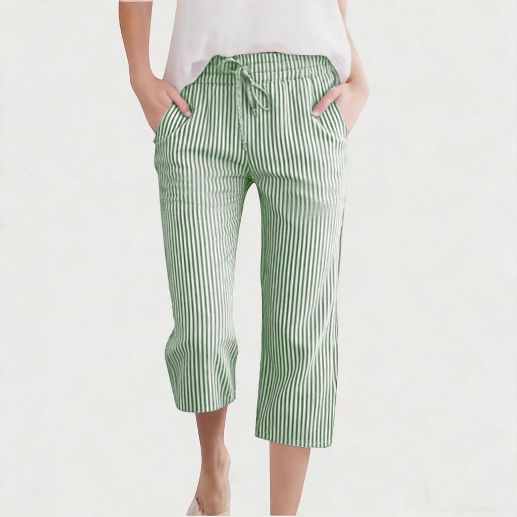 Children's Fashionable Cute Striped Elastic Waist Pocket Casual Girls' Cropped Pants