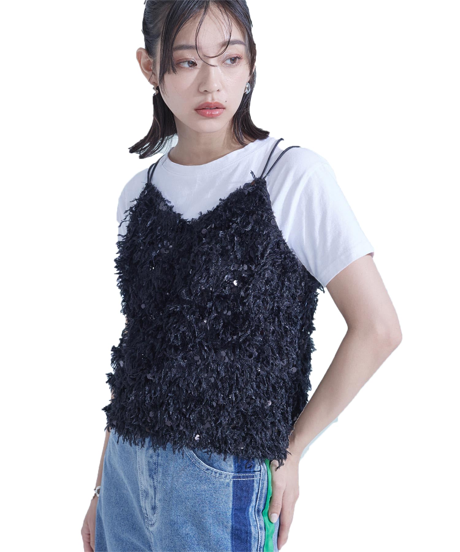 

miette Feather Sequin Camisole RDXX0971 Free Size Black Women s