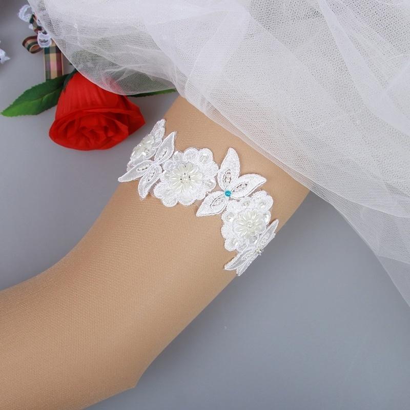 Luxuriöses Spitzen-Brautstrumpfband Something Blue Perle, Blume Perlen Hochzeit Braut