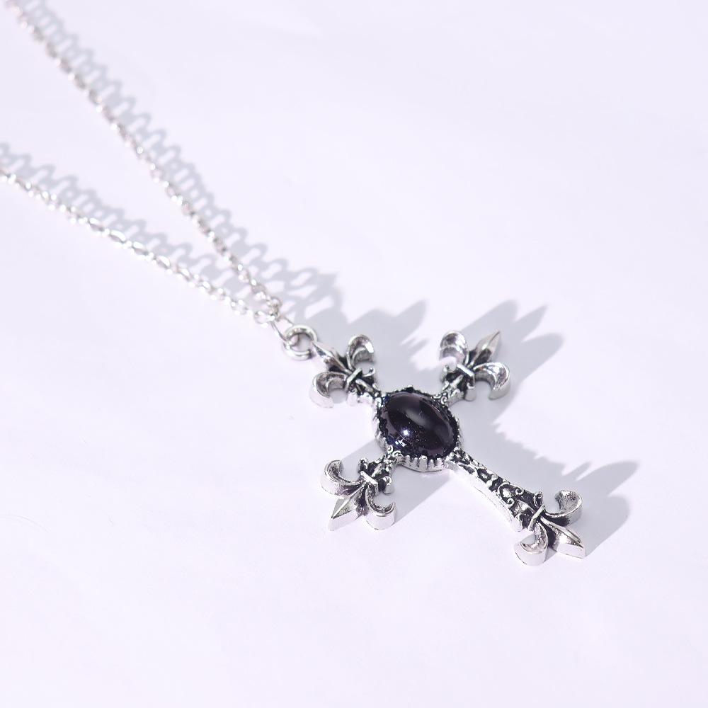 Gothic Black Gemstone Cross Necklace - European & American Style