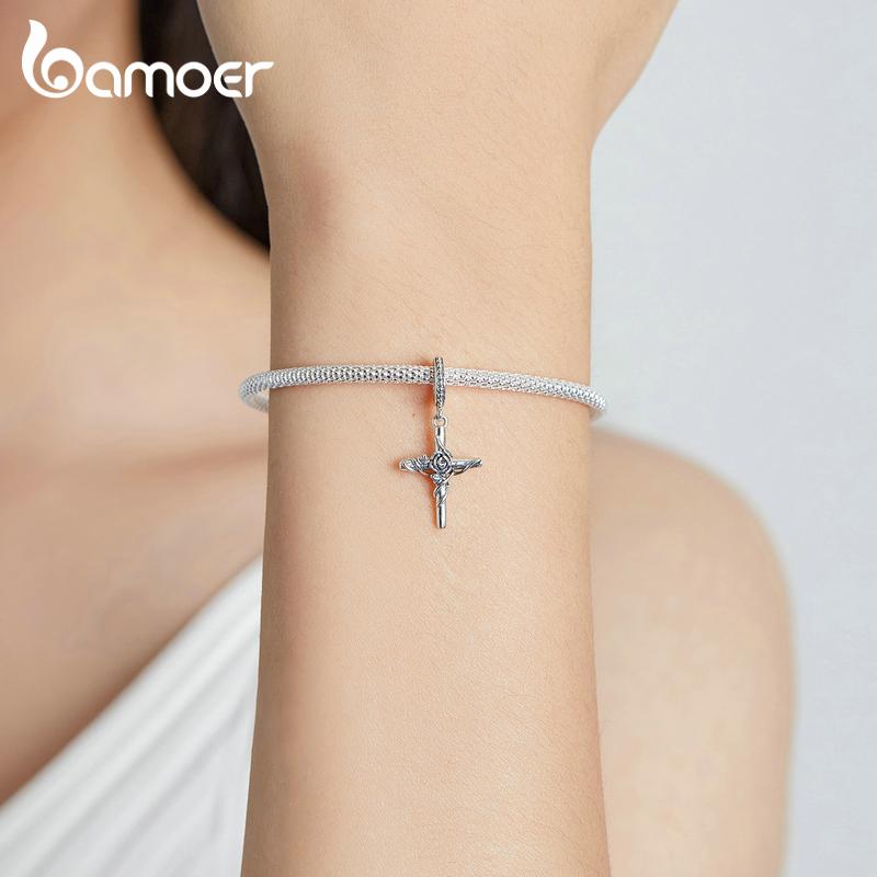 Bamoer 925 Sterling Silver Vintage Romantic Rose Vine and Cross Charm Pendant for Women Fine Jewelry