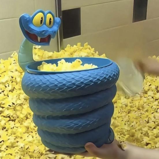 Contenitore per popcorn riutilizzabile, grande capacità, portatile, stampato in 3D, a forma di serpente blu, per snack e popcorn, regalo da collezione per gli appassionati di film di cartoni animati