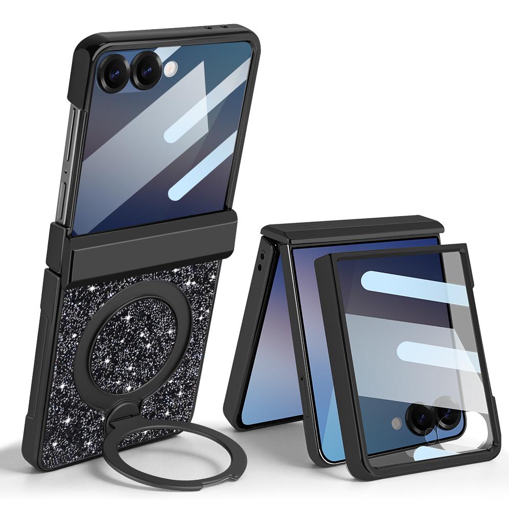 360 Magnetic Stand Hinge Protection Case for Samsung Galaxy Z Flip 8 7 Plating Glitter PU Leather Anti-peeping Glass Film Cover