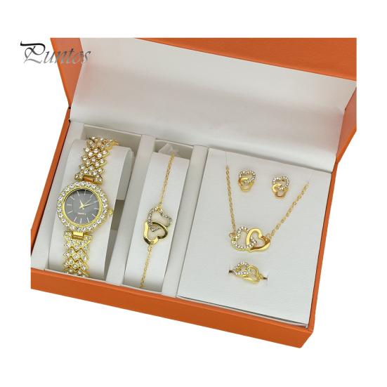 

1 комплект женских украшений в подарочной коробке, полная коллекция кварцевых часов, ожерелья, браслета, колец, серег, комплект золотых украшений со стразами чёрный
