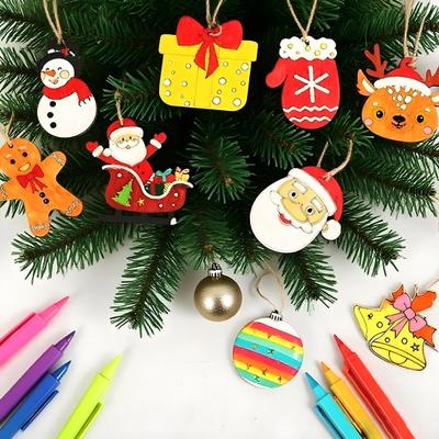 12 Pcs Wooden Christmas Ornaments To Paint DIY Blank Unfinished Wood Reindeer Santa Claus Christmas Tree Bell Wreath Cutouts for Winter Hanging