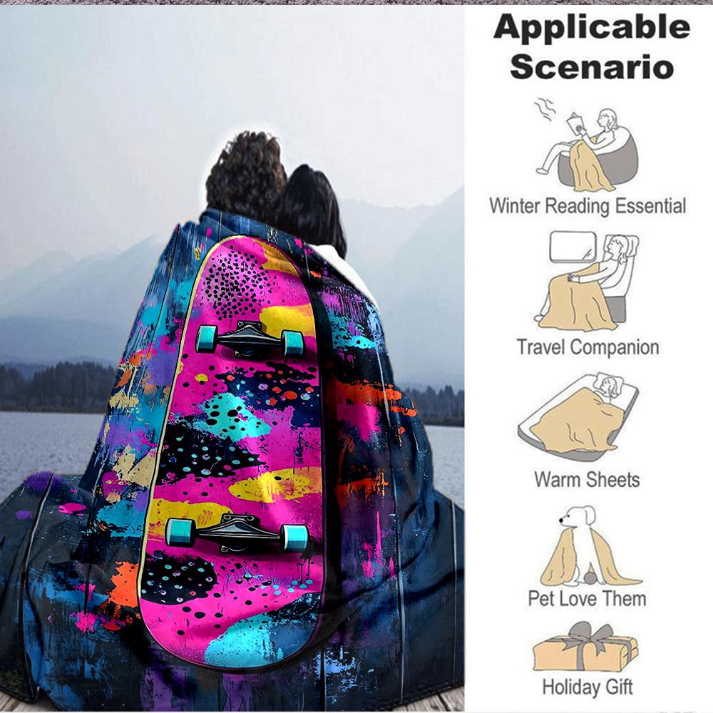 1Pc Colorful Skateboard Art Blanket Soft And Comfortable Casual Warm Camping Travel Christmas Halloween Xmas Gift M928488