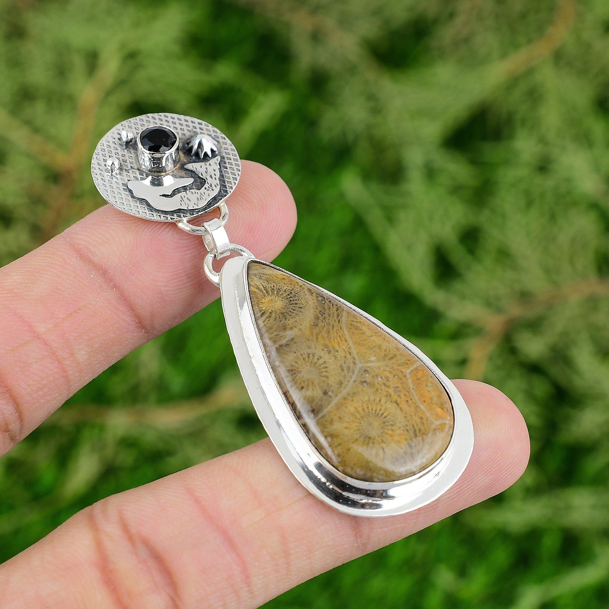 

Fossil Coral Gemstone Pendant Designer Pendant 925 Sterling Silver Pendant Handmade Jewelry Christmas Gifts