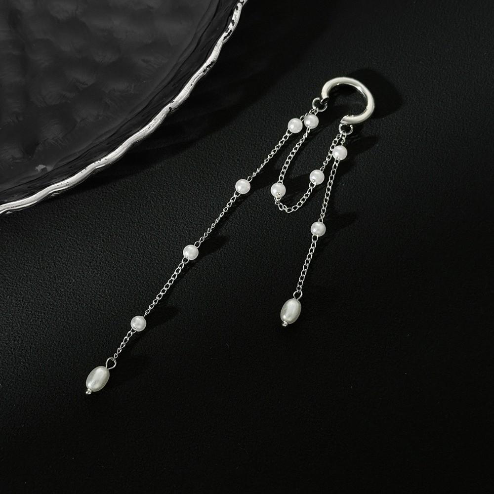 Long Tassel Chain Ear Clip Pearl Metal Chain Ear Cuff Minimalist Design Clip Earrings  For Women
