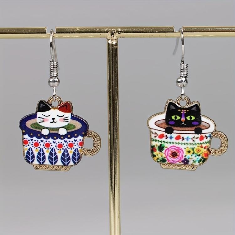 Cup Cats Earrings Animal Shaped Dangle Ear Drops Stylish Ear Rings Jewelry Elegant Ear Accessories for Parties Wear