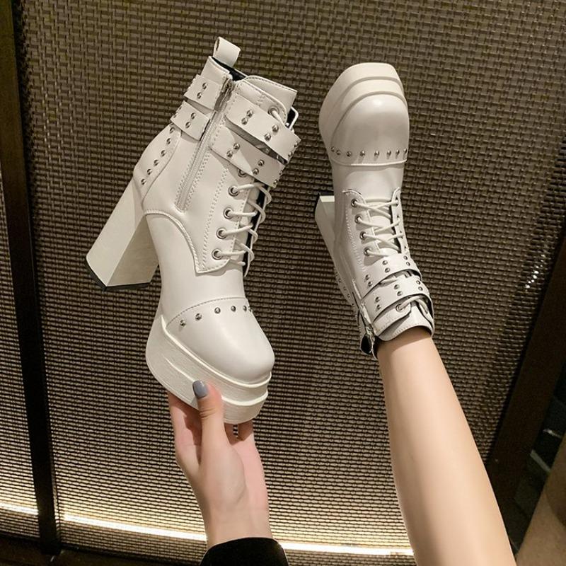 Fashion Riveted Platform Anti-Slip Wear-Resistant Thick Heel Front Lace-Up Side Zipper Anti-Slip Wear-Resistant Shoe