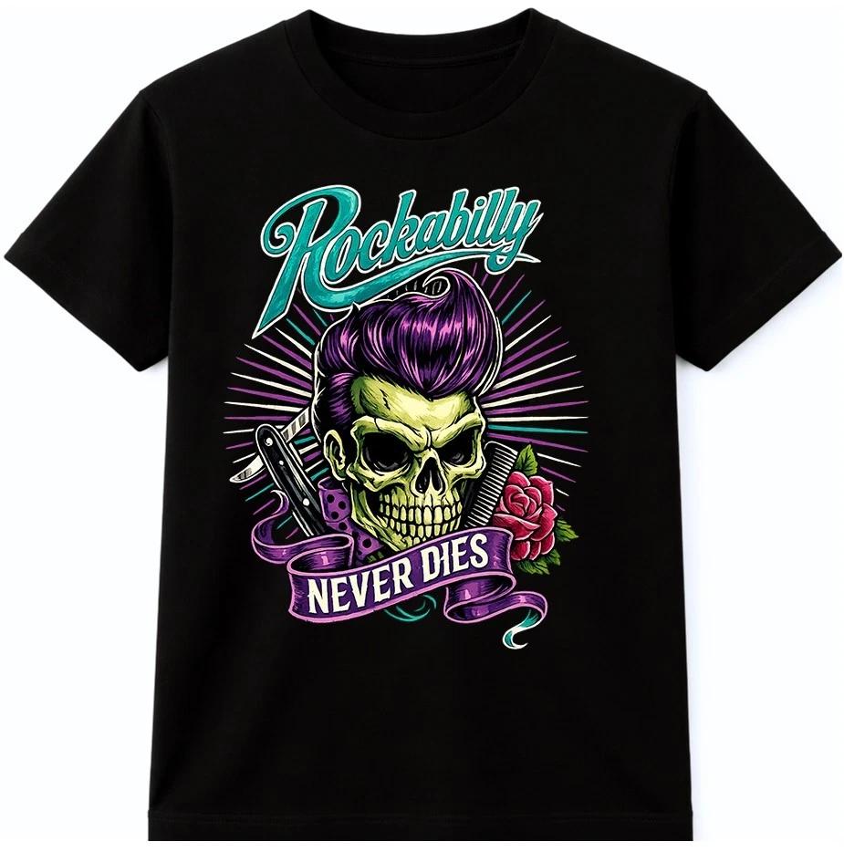 Rockabilly Never Dies T Shirt Skull Pompadour Retro Greaser Rose Graphic Tee 3XL